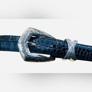 Vintage Brighton Silver & Black Croco Textured Belt with Silver Xs & Medallions